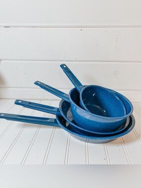 Vintage Blue Speckled Enamelware Campfire Cooking Pots + Pans | Set of 4